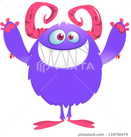 Cartoon scary monster with funny face expression waving hands . Vector illustration isolated on white. For Halloween party decoration or package design Cartoon scary monster with funny face expression waving hands . Vector illustration isolated on white. For Halloween party decoration or package design 139796479