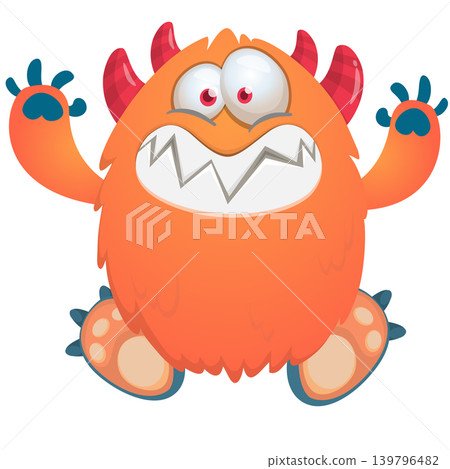 Cartoon scary monster with funny face expression waving hands . Vector illustration isolated on white. For Halloween party decoration or package design 139796482
