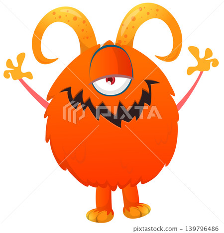 Cartoon scary monster with funny face expression waving hands . Vector illustration isolated on white. For Halloween party decoration or package design Cartoon scary monster with funny face expression waving hands . Vector illustration isolated on white. For Halloween party decoration or package design 139796486