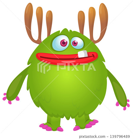 Cartoon scary monster with funny face expression waving hands . Vector illustration isolated on white. For Halloween party decoration or package design Cartoon scary monster with funny face expression waving hands . Vector illustration isolated on white. For Halloween party decoration or package design 139796489