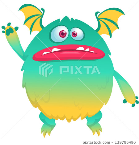 Cartoon scary monster with funny face expression waving hands . Vector illustration isolated on white. For Halloween party decoration or package design Cartoon scary monster with funny face expression waving hands . Vector illustration isolated on white. For Halloween party decoration or package design 139796490