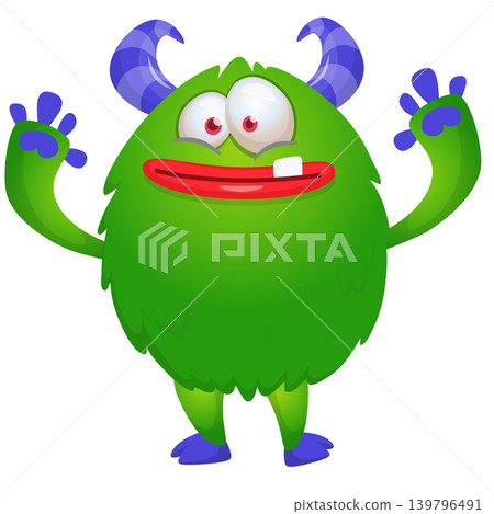 Cartoon scary monster with funny face expression waving hands . Vector illustration isolated on white. For Halloween party decoration or package design Cartoon scary monster with funny face expression waving hands . Vector illustration isolated on white. For Halloween party decoration or package design 139796491