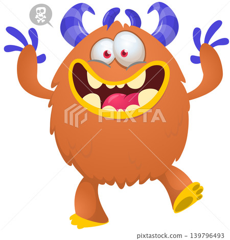 Cartoon scary monster with funny face expression waving hands . Vector illustration isolated on white. For Halloween party decoration or package design Cartoon scary monster with funny face expression waving hands . Vector illustration isolated on white. For Halloween party decoration or package design 139796493