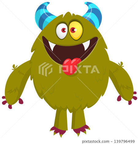 Cartoon scary monster tongue out waving hands. Vector illustration isolated on white. For Halloween party decoration or package design Cartoon scary monster tongue out waving hands. Vector illustration isolated on white. For Halloween party decoration or package design 139796499