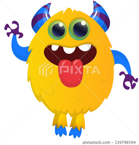 Cartoon scary monster tongue out waving hands. Vector illustration isolated on white. For Halloween party decoration or package design Cartoon scary monster tongue out waving hands. Vector illustration isolated on white. For Halloween party decoration or package design 139796504