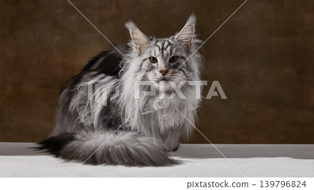 Fluffy maine coon cat lying on white table against warm brown studio wall. Fluffy maine coon cat lying on white table against warm brown studio wall. 139796824