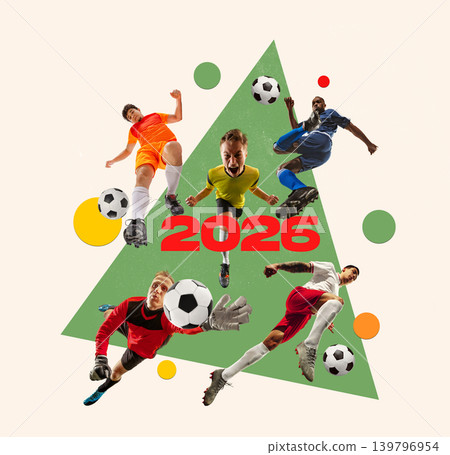 Colorful soccer players around bold 2026 text on geometric sports poster. Colorful soccer players around bold 2026 text on geometric sports poster. 139796954