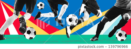 Soccer players legs and balls on bright geometric panoramic sports banner 139796966
