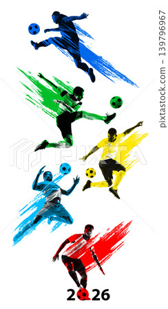 Flying soccer players with colorful paint strokes on clean white poster. 139796967