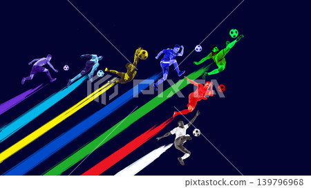 Dynamic soccer players racing on colorful brush strokes against dark background. 139796968