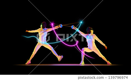 Intense fencing action with neon light trails and airborne movement. Intense fencing action with neon light trails and airborne movement. 139796974