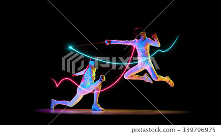 Fencing duel with flowing neon light waves on black background. 139796975