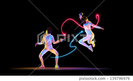 Futuristic fencing fight with neon glow and colorful motion trails. 139796976