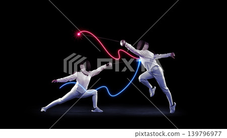 Dynamic fencing duel with neon light trails on dark background. Dynamic fencing duel with neon light trails on dark background. 139796977