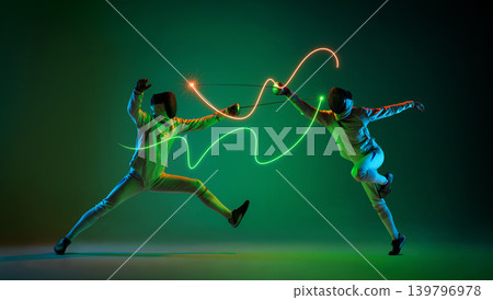 Fencing duel with green neon light trails on gradient background. Fencing duel with green neon light trails on gradient background. 139796978