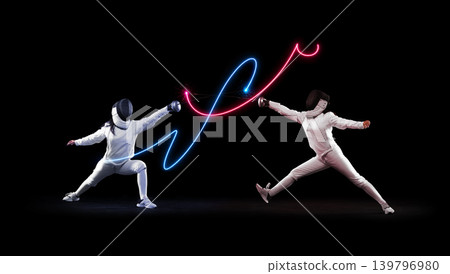 Synchronized fencing duel with colorful light wave trails on dark background. Synchronized fencing duel with colorful light wave trails on dark background. 139796980