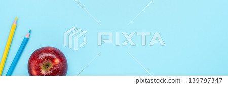 minimal school banner apple blue background minimal school banner apple blue background 139797347