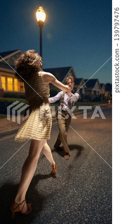 Lindy hop dance scene on suburban street at night under lamppost warm vintage mood Lindy hop dance scene on suburban street at night under lamppost warm vintage mood 139797476