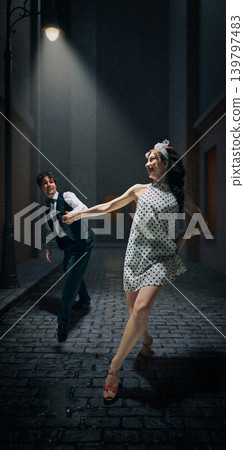 Retro couple dancing lindy hop in night city street under lamplight romantic vintage lifestyle energy Retro couple dancing lindy hop in night city street under lamplight romantic vintage lifestyle energy 139797483