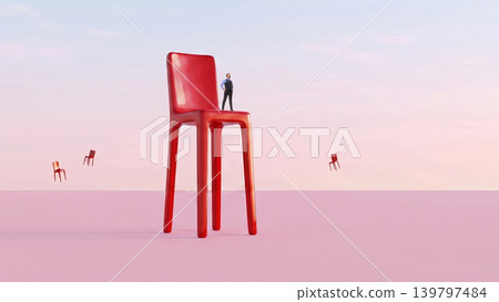 Businessman standing on giant red chair on pink pastel background. Businessman standing on giant red chair on pink pastel background. 139797484