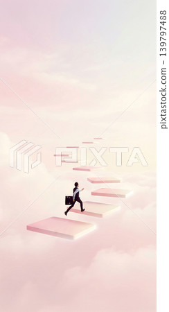 Businessman walking on floating steps in clouds minimal pastel artwork. Businessman walking on floating steps in clouds minimal pastel artwork. 139797488