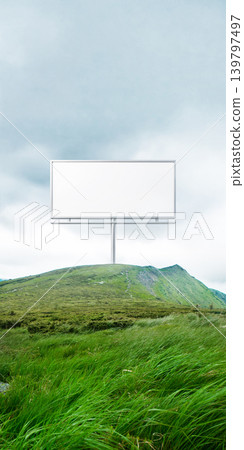 Minimal billboard mockup on green hill with soft sky and large copy space. Minimal billboard mockup on green hill with soft sky and large copy space. 139797497