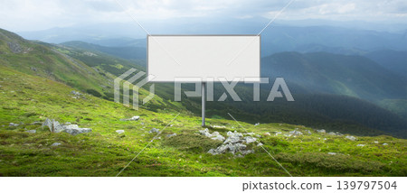 Outdoor billboard mockup in green mountain valley with wide copy space. 139797504