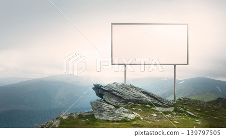 Blank billboard on rocky mountain peak with dramatic landscape background. Blank billboard on rocky mountain peak with dramatic landscape background. 139797505