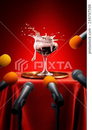 Foamy dessert style cocktail splashing on red table surrounded by microphones. Foamy dessert style cocktail splashing on red table surrounded by microphones. 139797506