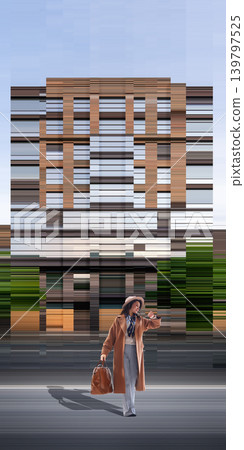 Businesswoman with bag checking time while walking in front of abstract building distorted by glitch effect. Businesswoman with bag checking time while walking in front of abstract building distorted by glitch effect. 139797525