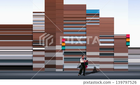 Woman walking with bag and phone in abstract glitch city with traffic lights and geometric blocks Woman walking with bag and phone in abstract glitch city with traffic lights and geometric blocks 139797526