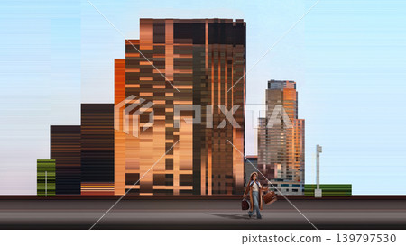 Businesswoman walking across minimal ground with abstract city skyline distorted by horizontal glitch effect. Businesswoman walking across minimal ground with abstract city skyline distorted by horizontal glitch effect. 139797530
