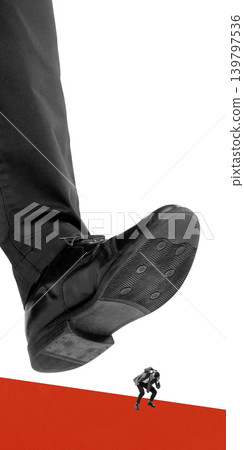 Tiny businessman escaping giant shoe stepping down concept of threat and corporate dominance 139797536