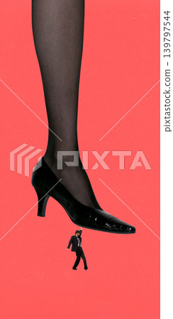 Giant high heel shoe pressing tiny businessman concept of dominance and pressure in corporate world Giant high heel shoe pressing tiny businessman concept of dominance and pressure in corporate world 139797544