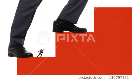 Giant legs stepping over tiny businessman climbing stairs concept of career obstacles. 139797551
