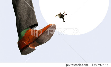 Tiny businessman falling after being kicked by giant shoe concept of rejection and instability. Tiny businessman falling after being kicked by giant shoe concept of rejection and instability. 139797553