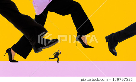 Tiny businessman running against giant legs symbol of pressure and competition. Tiny businessman running against giant legs symbol of pressure and competition. 139797555