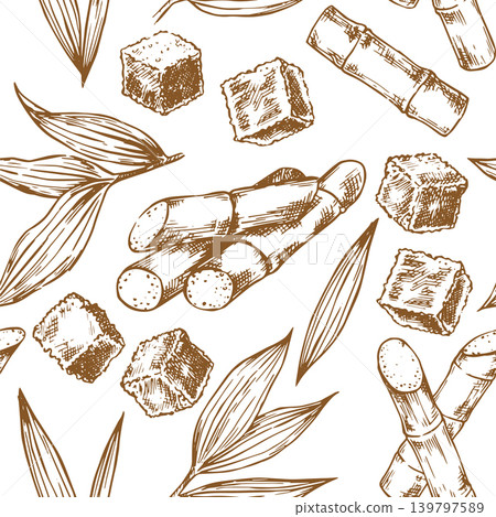Sugarcane. Seamless pattern in sketch style. Retro print of sugarcane stems and brown sugar. Sugarcane. Seamless pattern in sketch style. Retro print of sugarcane stems and brown sugar. 139797589