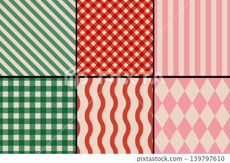 Vector set of retro classic geometric patterns for Christmas and New year. Vintage seamless gingham, plaid and striped patterns for winter holidays. Vector set of retro classic geometric patterns for Christmas and New year. Vintage seamless gingham, plaid and striped patterns for winter holidays. 139797610
