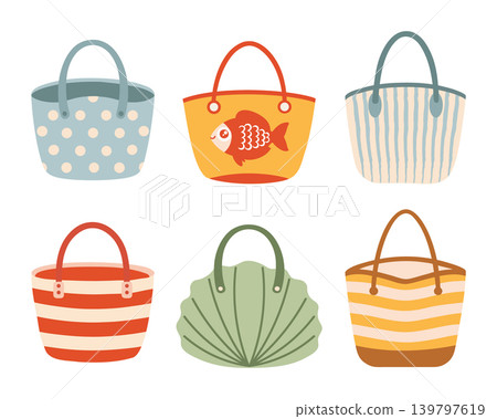 Set of hand drawn beach bags and tote bags icons. Illustration of summer bags with seashells, fish and patterns Set of hand drawn beach bags and tote bags icons. Illustration of summer bags with seashells, fish and patterns 139797619