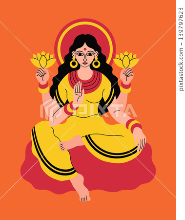 Hindu Goddess Lakshmi in traditional costume with lotus flowers in hands. Colorful illustration. 139797623