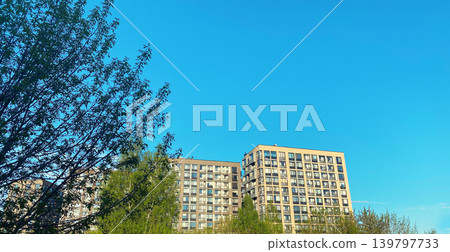 Architecture and real estate, modern residential apartment building with large panoramic windows Architecture and real estate, modern residential apartment building with large panoramic windows 139797733