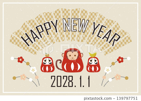 一款日式新年明信片模板，以猴子和達摩娃娃為主題，慶祝2028年猴年。 139797751