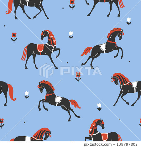 Seamless pattern with stylized black horses on a blue background. Vector image 139797802
