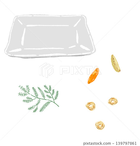 A set of white square plates garnished with herbs and garlic chips (finished plating diagram) A set of white square plates garnished with herbs and garlic chips (finished plating diagram) 139797861