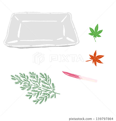 一組柏木、楓葉、醃薑和白色方盤(擺盤完成)。 一組柏木、楓葉、醃薑和白色方盤(擺盤完成)。 139797864