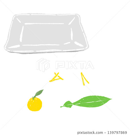 A set of yuzu and yuzu peel garnish on a white square plate (finished serving arrangement). A set of yuzu and yuzu peel garnish on a white square plate (finished serving arrangement). 139797869