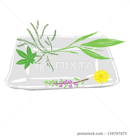 A set of maple leaves and pine needles garnished with a white square plate (finished presentation). A set of maple leaves and pine needles garnished with a white square plate (finished presentation). 139797875