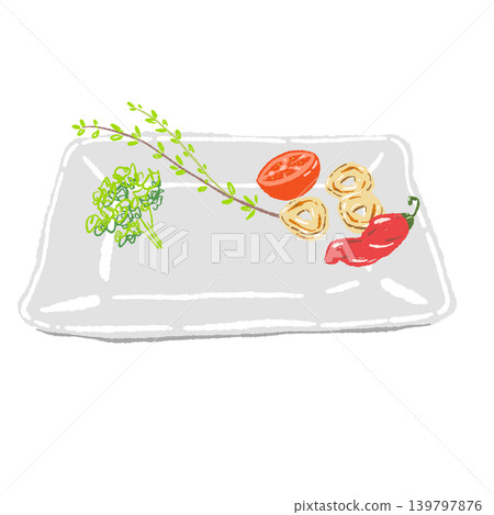 A set of herbs, tomatoes, garlic, and a white square plate (finished plating). 139797876