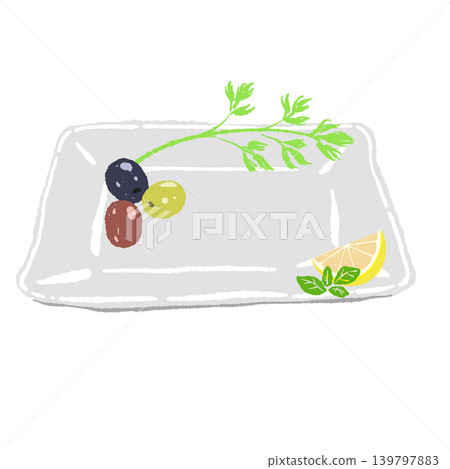 A set of olives, lemons, herbs, and a white square plate (finished plating diagram). A set of olives, lemons, herbs, and a white square plate (finished plating diagram). 139797883